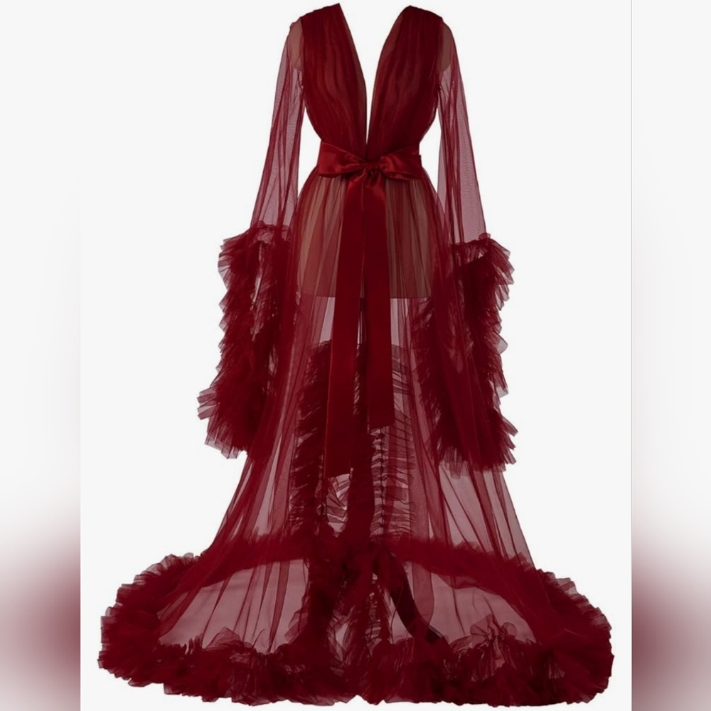 Women's Long Bridal Robes Tulle Lingerie Maternity Bathrobe Photoshoot Illusion